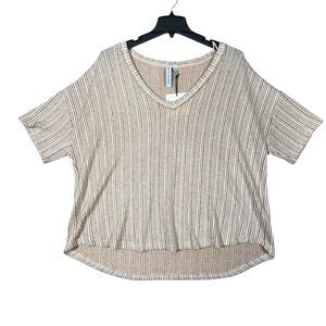Grace + Karma Rib Top Women's 2X Rust Cream Striped V Neck Short Sleeve NWT